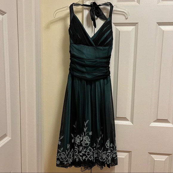 Trixxi Halter Dress- Black+Teal w/ Floral Beading, sz S - Picture 1 of 6